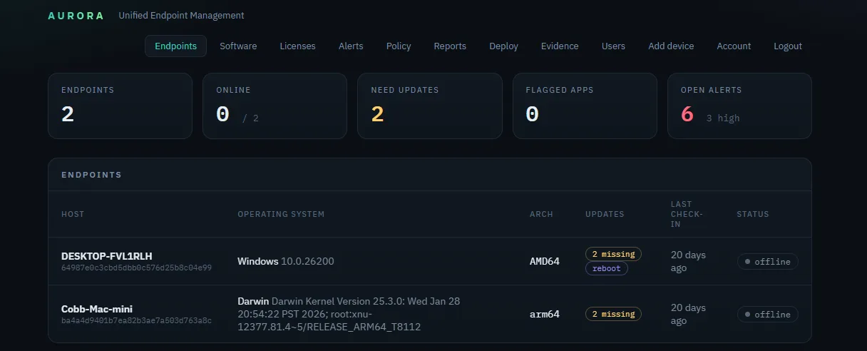 Aurora UEM console — endpoints, update status, flagged apps, and open alerts across a mixed fleet