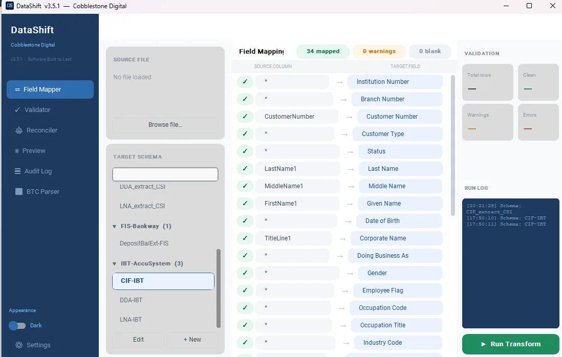 DataShift field mapper — source columns mapped to examiner target fields with live validation
