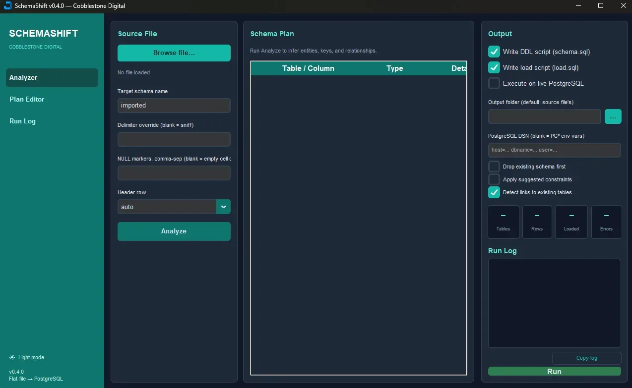 SchemaShift Analyzer — source file loaded, schema plan inferred, output options for DDL, load script, or live PostgreSQL execution