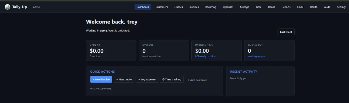 Tally-Up dashboard — open AR, overdue, unbilled time, quotes out, and quick actions
